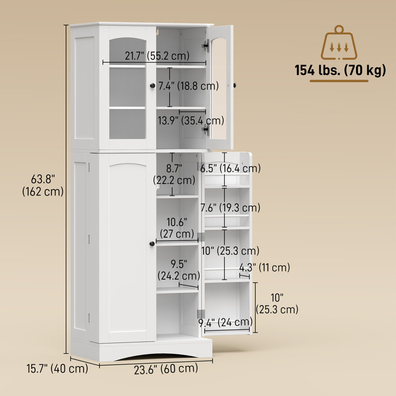 Armoire de cuisine de 64 po, armoire de cuisine avec tablettes, porte, blanc