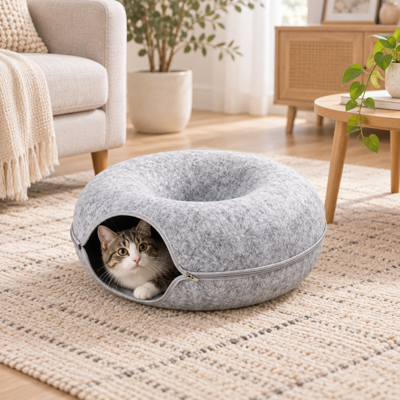 Grand lit tunnel pour chats d'intérieur, Gris
