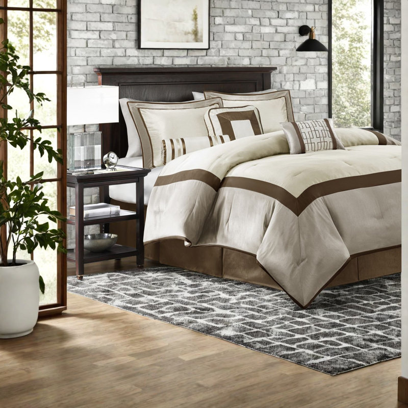 Taupe Brown 7 Piece Bedding Set, Polyester Comforter, Modern Home Style Cal King