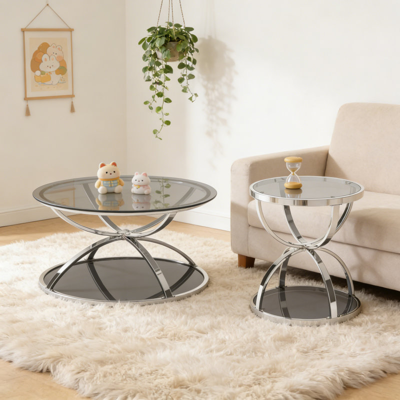 Ensemble de tables basses modernes en verre avec 2 niveaux, cadres en forme d'anneau, finition chrome et verre trempé gris