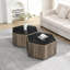 Table basse hexagonale rustique rétro en bois, avec 2 tiroirs cachés, dessus en marbre noir texturé, finition chêne brun clair - pour le salon et la réception-376819833-376819839