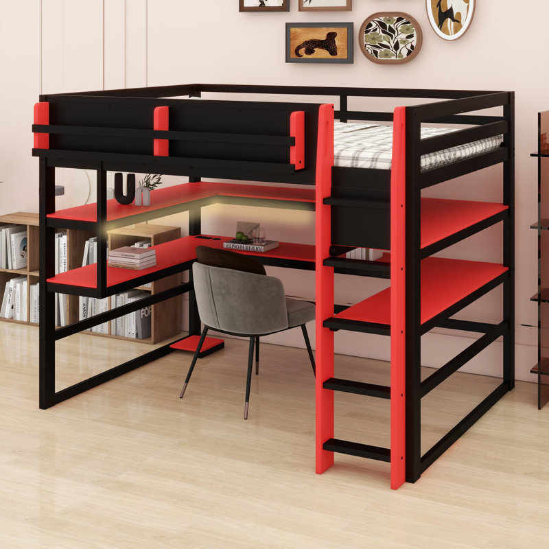 Modern Loft Bed with Integrated Workstation, Side Organization Rack, Multi-Tier Shelving, and Customizable RGB Ambiance, Red