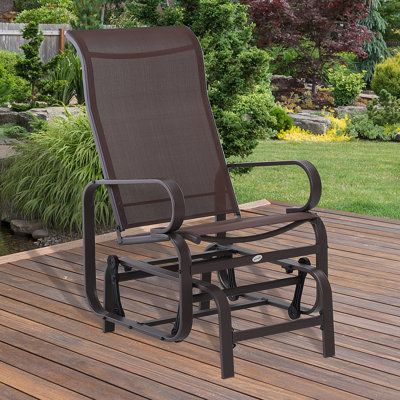 1-Person Outdoor Glider Swing, Single Rocker, Ergonomic Head Support, With Lightweight Metal & Mesh Construction, Supports Up To 352 Lbs., For Backyard, Garden, Porch, Brown