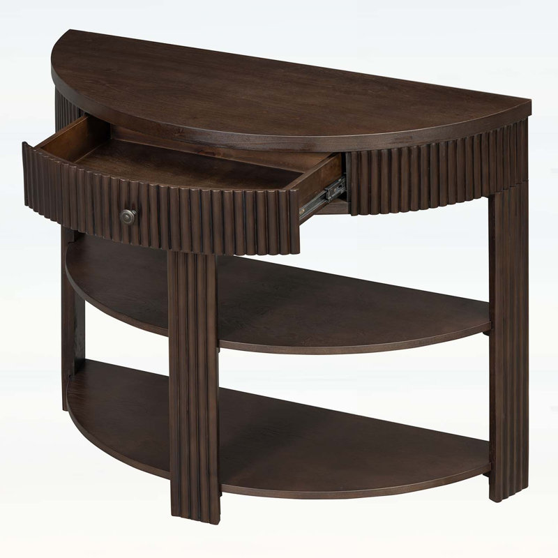 Console cannelée demi-lune avec tiroir et 2 tablettes, conception peu encombrante pour les entrées et les couloirs, Espresso