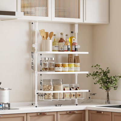Étagère à épices réglable à 3 niveaux - Étagère de rangement murale ou de comptoir en métal robuste pour épices, ustensiles, assiettes et plus - Conception extensible avec disques et panier en filet