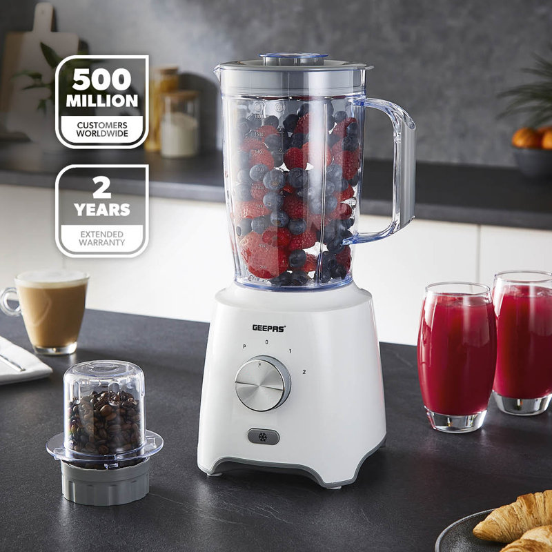 GEEPAS 2-in-1 Food Jug Blender | 1.8L Juice Jar & 60G Mini Coffee Spice Mill | 6-Leaf Stainless-Steel Blades 2 Speed & Pulse Lockable Lid Smoothie Maker Turbo Button for Ice Crushing | 600W