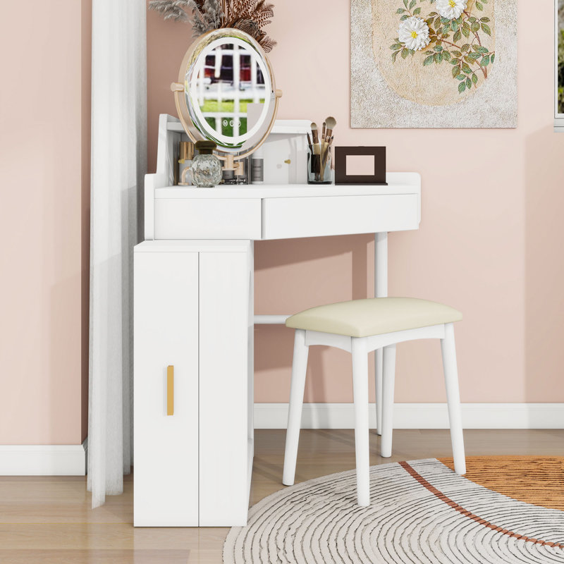 Corner Makeup Vanity Desk with Rotating LED Mirror, Drawer and Cushioned Stool, White