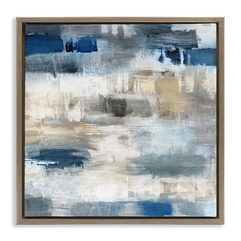 Neutres et bleu abstrait, H 18 po x l 18 po, Cadre flottant orme Montalcino