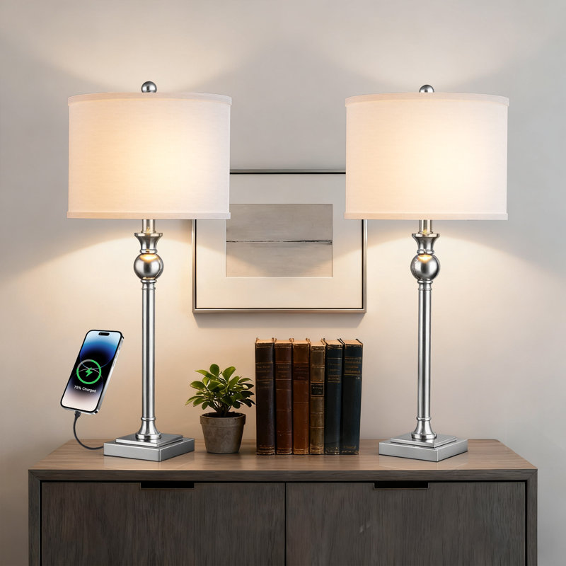 Lampe de table moderne en nickel poli 28 "avec port USB et abat-jour empire Augrave, Nickel poli