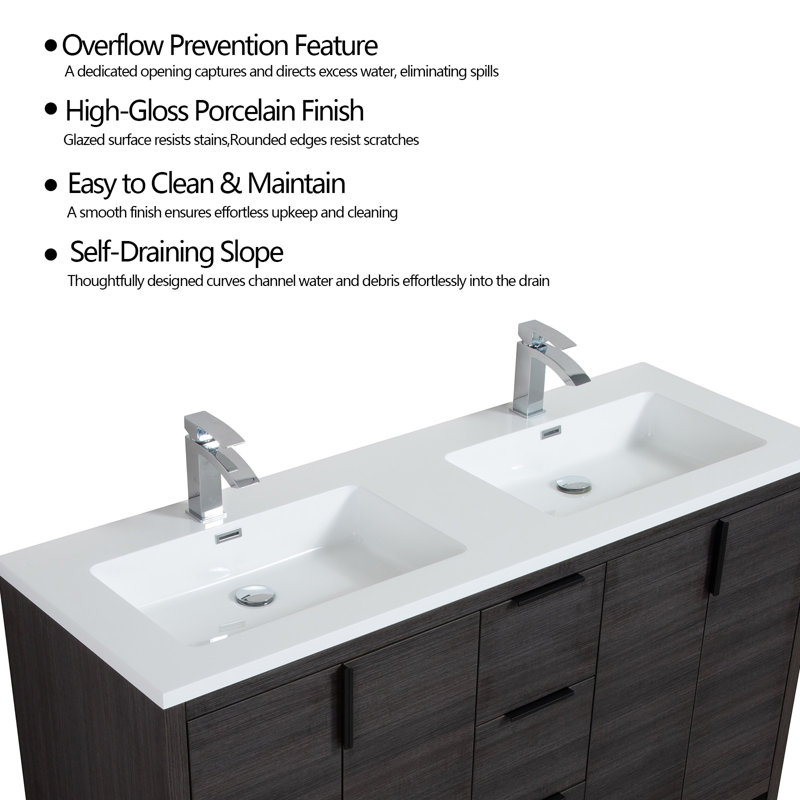 Meuble-lavabo autoportant 60 po en chêne lessivé avec plateau en résine 60 po