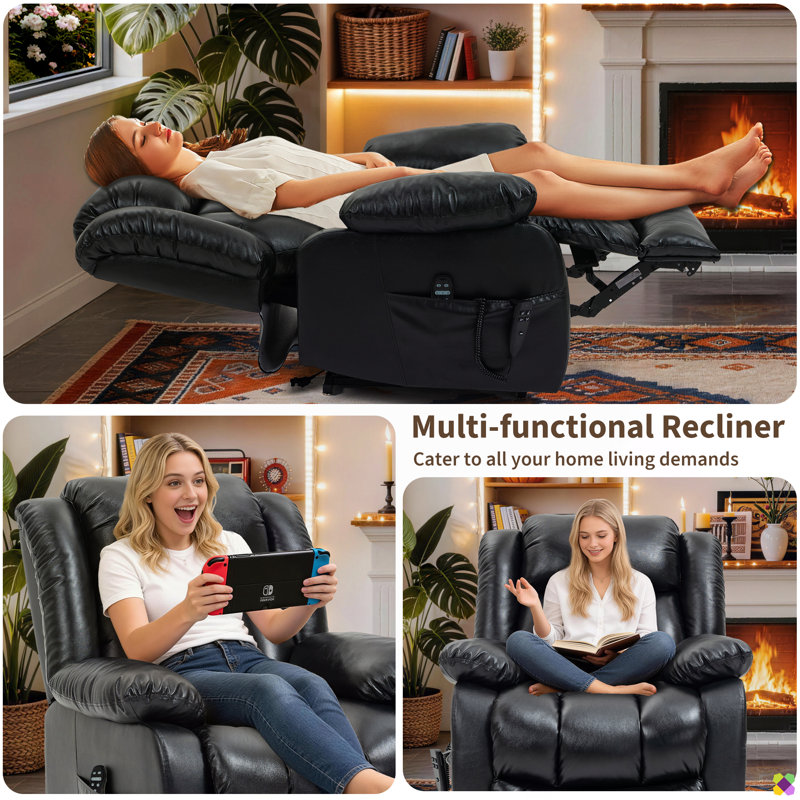 Annettia 36.22" W 180° Flat Lay Genuine Leather Match Power Recliner, Massage Heater Lifting Chair, Black