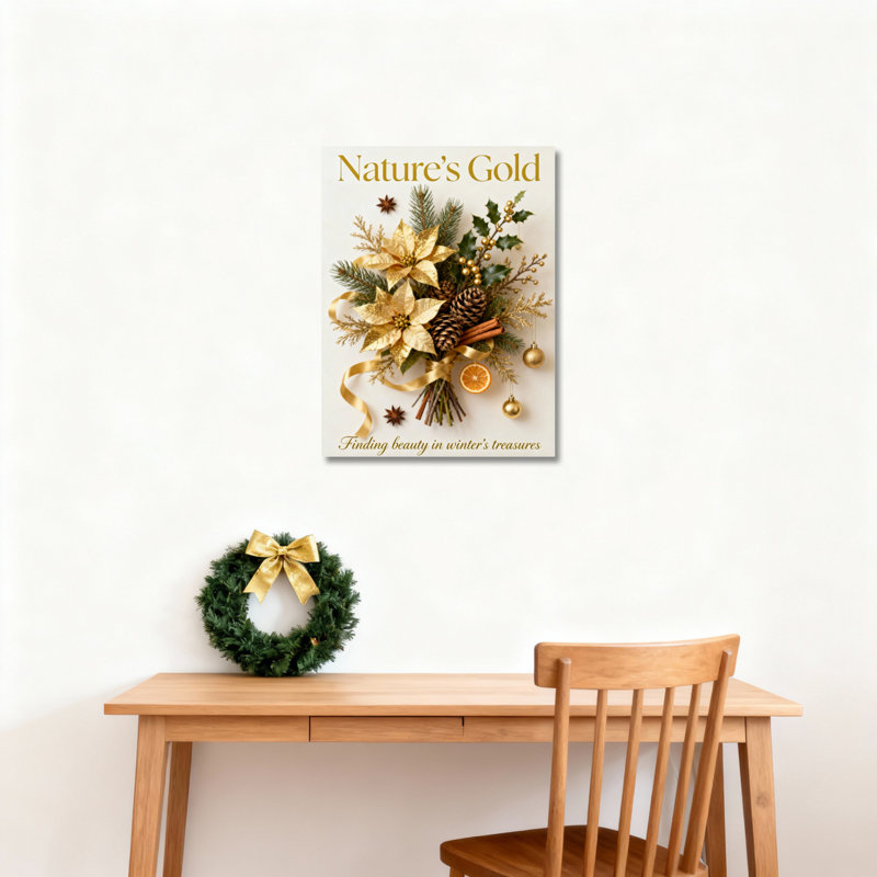 Ensemble de 1 tableau sur toile tendue représentant un arrangement floral d'hiver doré, H 36 po x l 24 po