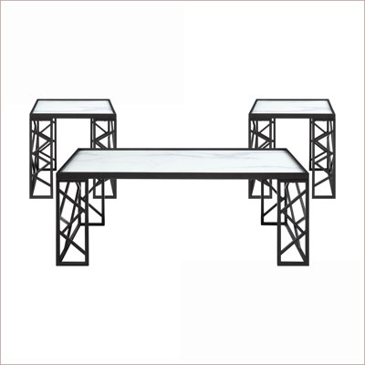 Ensemble de table basse et de bout 3 pièces Modern pour salon, plateau en verre trempé à imprimé marbre blanc, structure en métal noir, facile à nettoyer