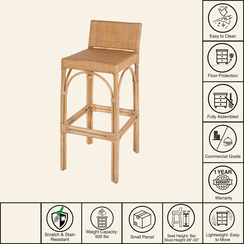 Serienna Blue & White Rattan Low Back Counter Stool, Natural Brown, Bar Stool (30" Seat Height)