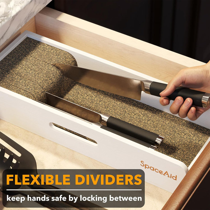 Small Bamboo Knife Drawer Organizer with Cork Dividers