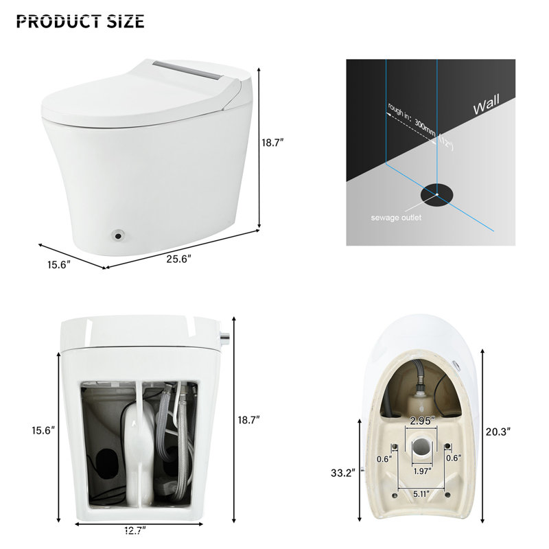 Smart Toilet With Built-In Heated Seat, One Piece Elongated Modern Toilet With Adjustable Temp Heated Seat, Auto Flush,  Dual Flush Toilet 1/1.28 GPF, Foot Sensor Flush, White Night Light,Knob Control