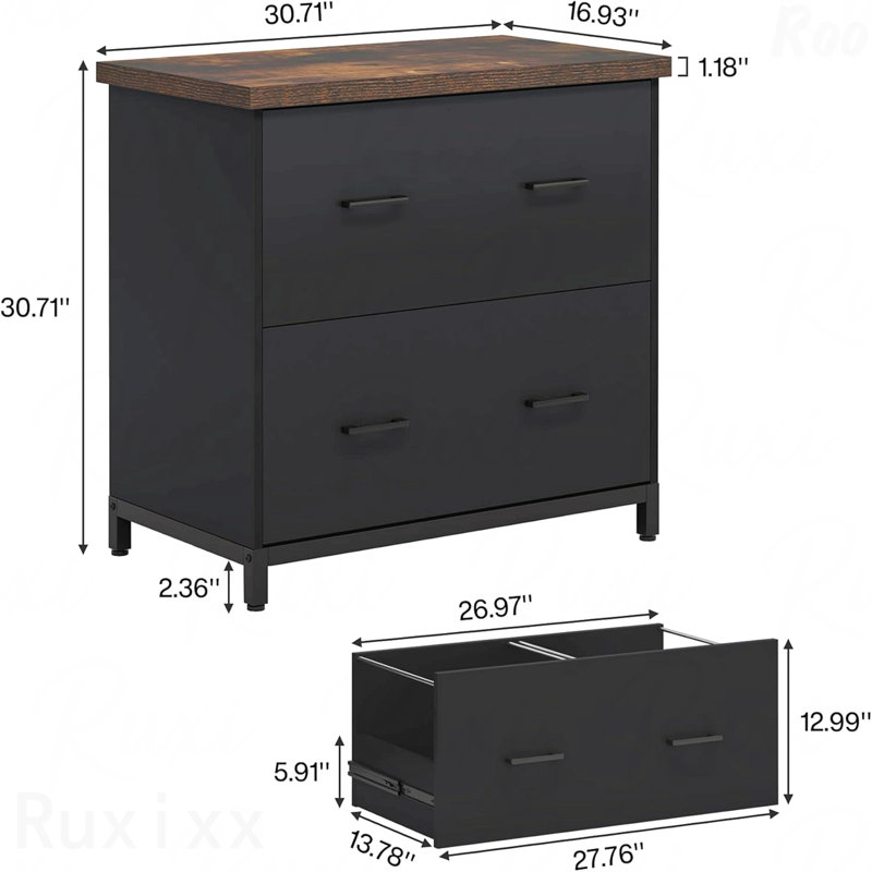 Classeur à 2 tiroirs classeur en bois rustique pour support d'imprimante format A4 / lettre avec rangement et cadre en acier robuste brun et noir