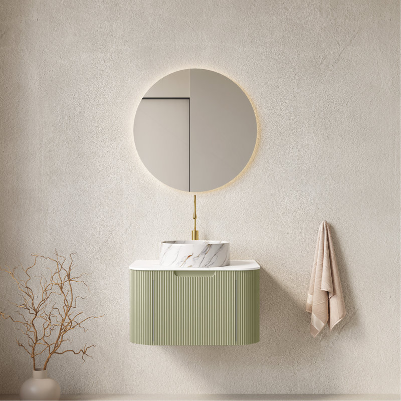 Meuble-lavabo avec lavabo, armoire de rangement murale suspendue aux bords incurvÃ©s et Ã  rayures, avec tiroir, lavabo rond en cÃ©ramique blanche Ã  motif pierre