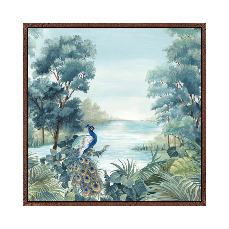 Peafowl by Eva Watts - Painting on Canvas, Classic Brown Wood Framed, 66.04cm H x 66.04cm W x 3.81cm D