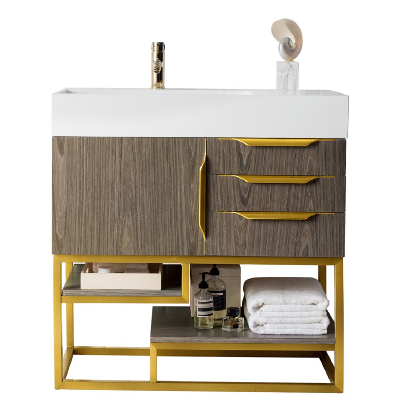 Columbia 35.31'' W Single Vanity, Glossy White, Ash Gray, Radiant Gold