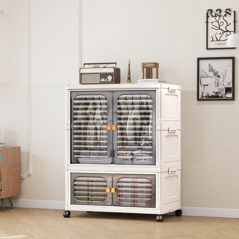 Armoire de rangement empilable et pliable en plastique - Armoires à portes avec roulettes et tringle - Rangement pliable pour vêtements dans la chambre ou le salon - Gris transparent