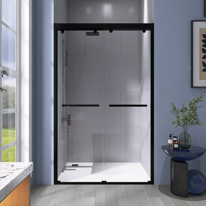 Porte de douche coulissante moderne à double cadre 44 x 48 "x H 75", verre trempé 8 mm, Noir mat