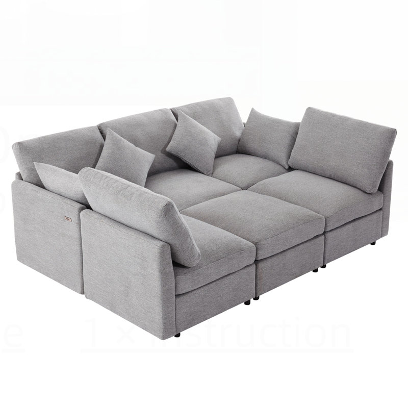 Canapé modulaire en forme de U avec ports USB pour repose-pieds mobile et coussins décoratifs pour un salon confortable et polyvalent