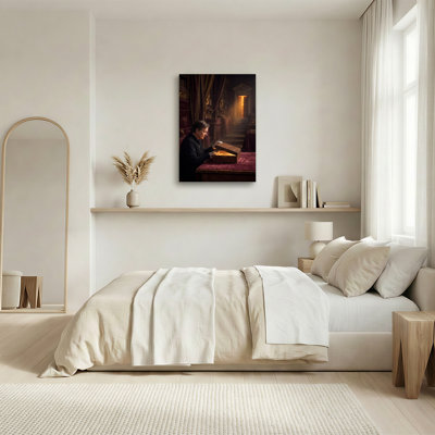 Woman Opening Wooden Box In Dimly Lit Library Canvas Wall Art