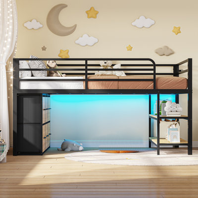 Twin Size Loft Bed With 6 Fabric Storage Drawers, Metal Low Loft Bed With Led Lights & Open Storage Shelves, 15" H Safety & Guardrail Stairs Bed