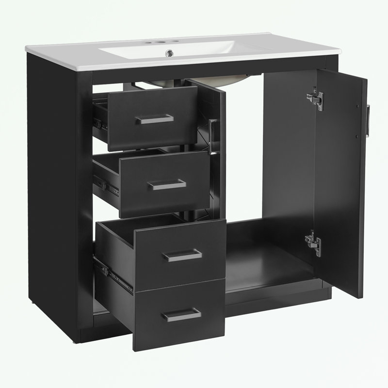 Meuble-lavabo de salle de bain avec lavabo, 3 tiroirs et portes à fermeture douce, Noir