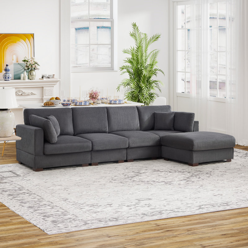 120.47'' Wide Modern Corduroy Sectional Sofa With Ottomans And Two Pillows, Gray Corduroy