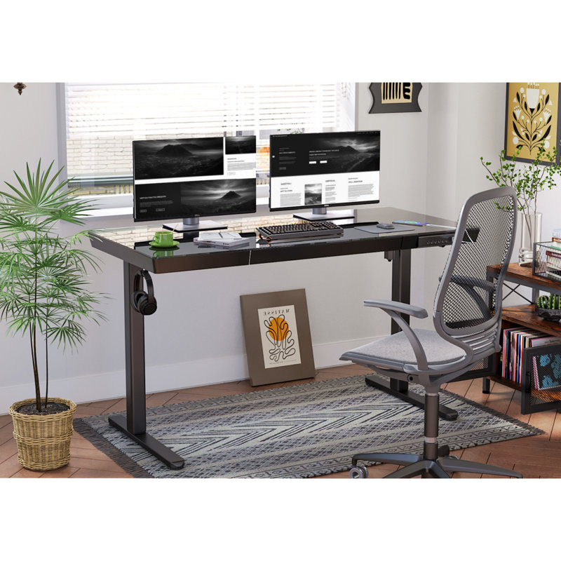 Bureau pour travailler debout, bureau d'ordinateur avec tiroir et charge USB Odbert, Noir, H 46,5 po x l 48 po x P 24 po