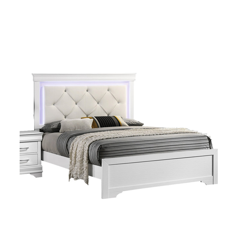 Contemporary White Faux Leather Queen Bed, Diamond - Headboard And Built In Led Feature Size Bed Leather, Headboard, Unique Textured For Bedroom Decor