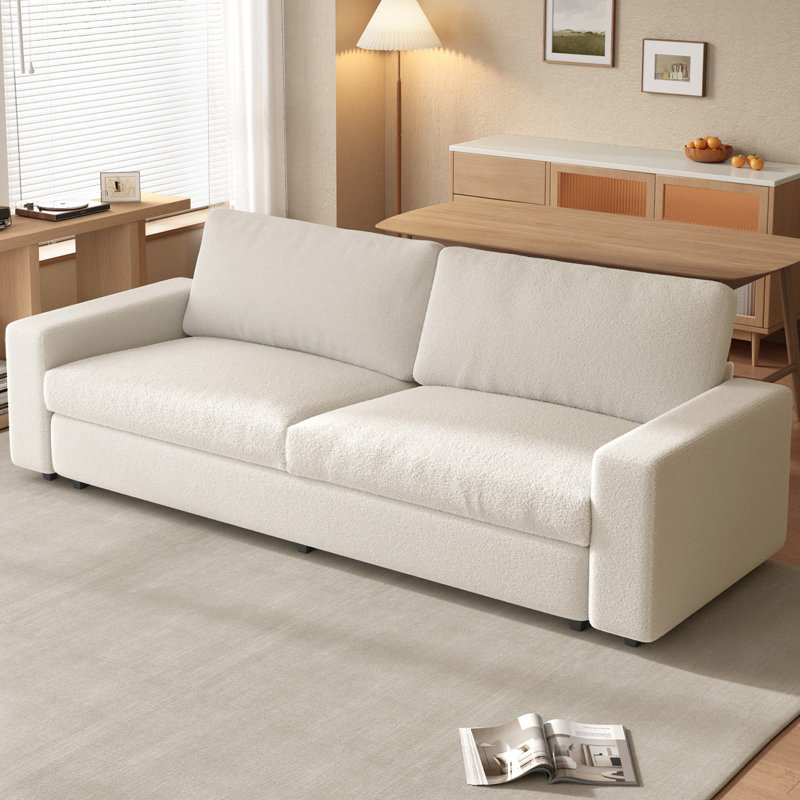 212cm Beige Teddy Fleece 2-Seater Sofa, Deep Seat Sofa with Wide Armrests for Living Room