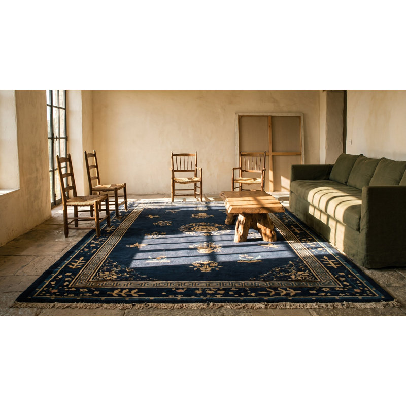 Tapis antique en laine noué à la main bleu antique des années 1900