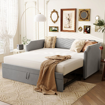 Lit de jour rembourré en velours gris avec lit gigogne escamotable 2 en 1 pour chambre à coucher et revêtement polyvalent