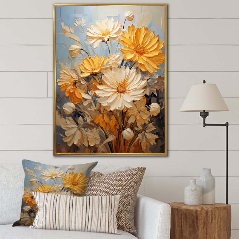 Yovanna Chrysanthemums Autumn Gold Patchwork II, H 40 po x l 30 po x P 1,5 po, Cadre flottant doré
