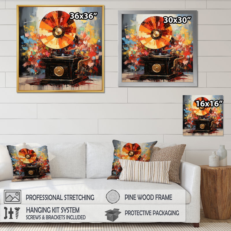 Colourful Phonograph Collage - Music Wall Decor, Toile tendue, H 16 po x l 16 po x P 1 po