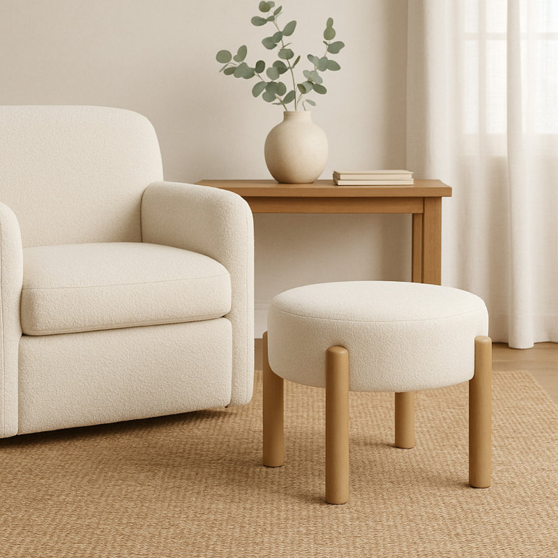 Repose-pieds de 22 po Eli, boucle brune et bois franc naturel Eli, Crème, crème