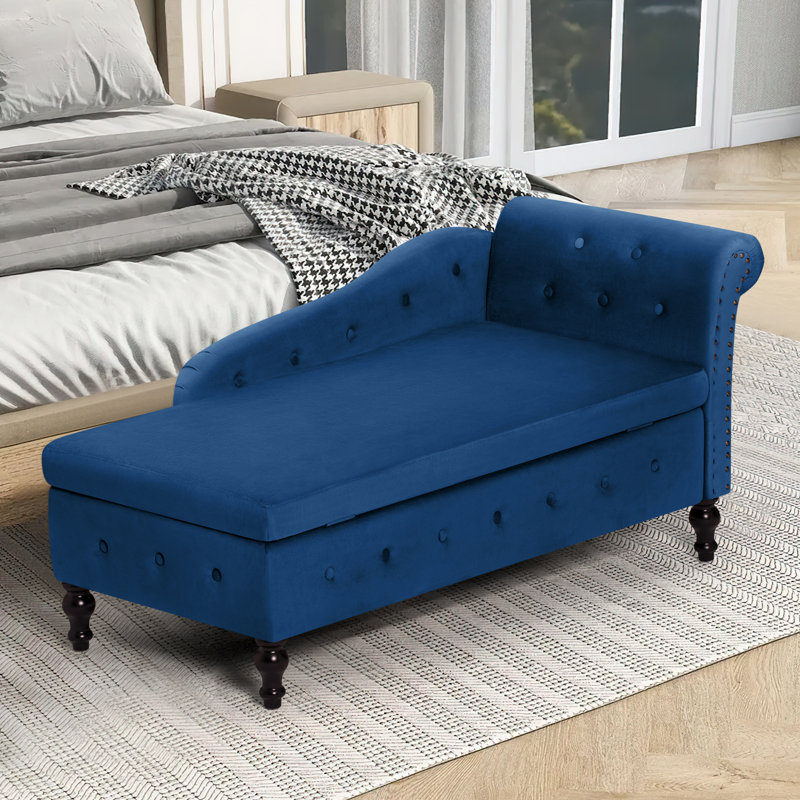 Chaise longue en velours avec accoudoir droit et espace de rangement, Bleu