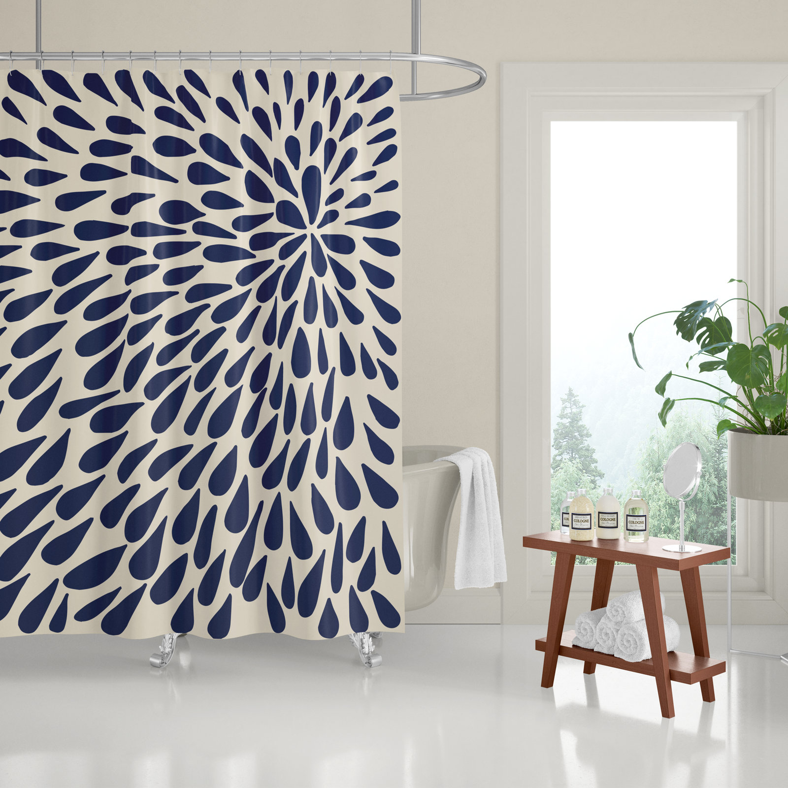 Polyester Shower Curtain, Navy Blue/Beige