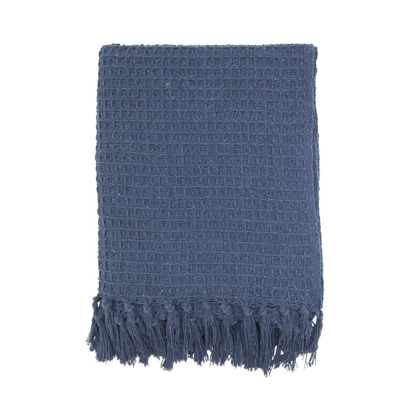 Jeté en coton avec pompons Waffle, Bleu
