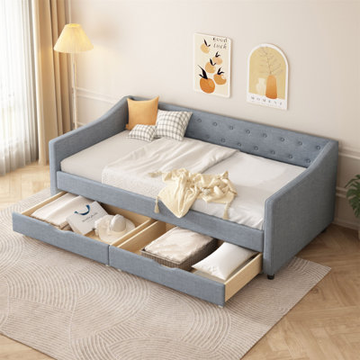 Lit de jour simple avec tiroirs, canapé-lit capitonné, avec boutons sur le dos et passepoil sur les accoudoirs ondulés - Gris clair