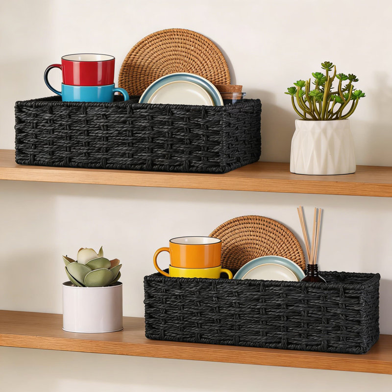 2-Pack Woven Storage Baskets With Two Sections, Handwoven Paper Rope Organizer With Sturdy Frame For Bathroom, Living Room, Kitchen And Office Shelves