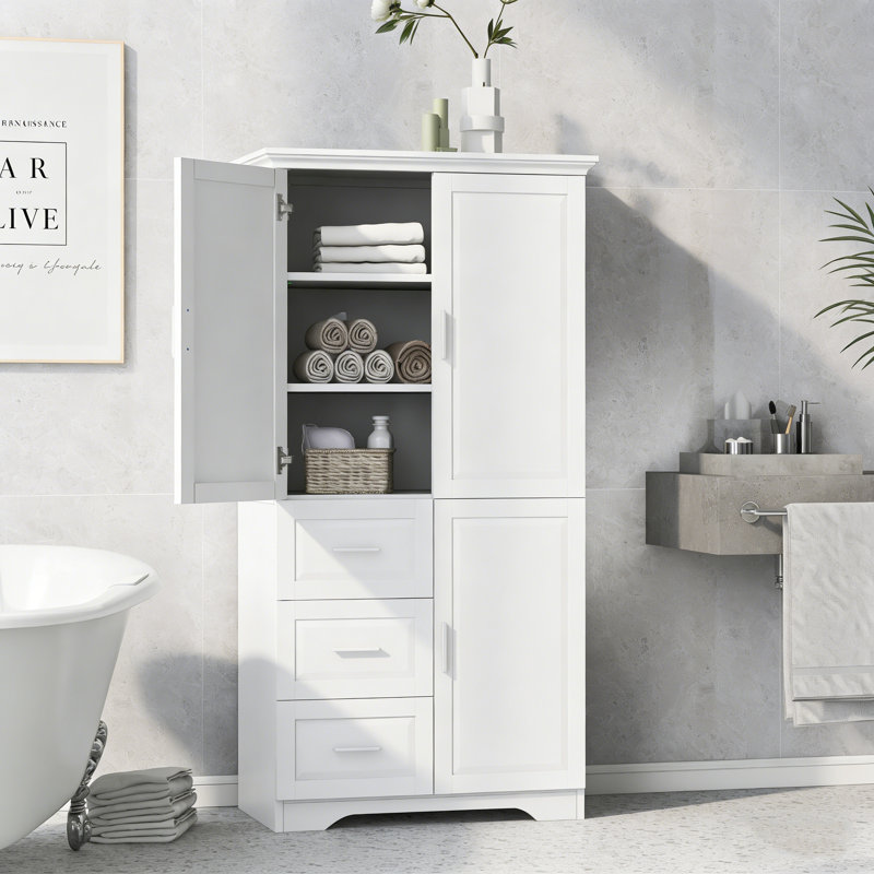 White Tall & Wide Storage Cabinet With Doors & Three Drawers - For Bathroom & Office, White