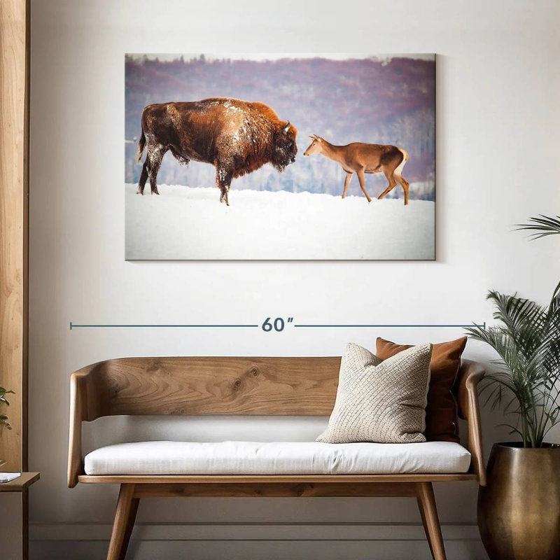 Bison de Brampt et cerf en hiver, H 30 po x l 45 po