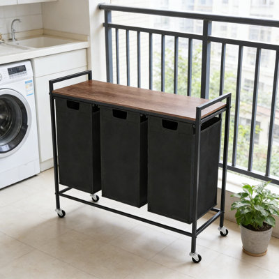 3-Section Rolling Laundry Sorter With Removable Bags And Storage Shelf, Heavy-Duty Metal Frame With Locking Wheels For Home Organization