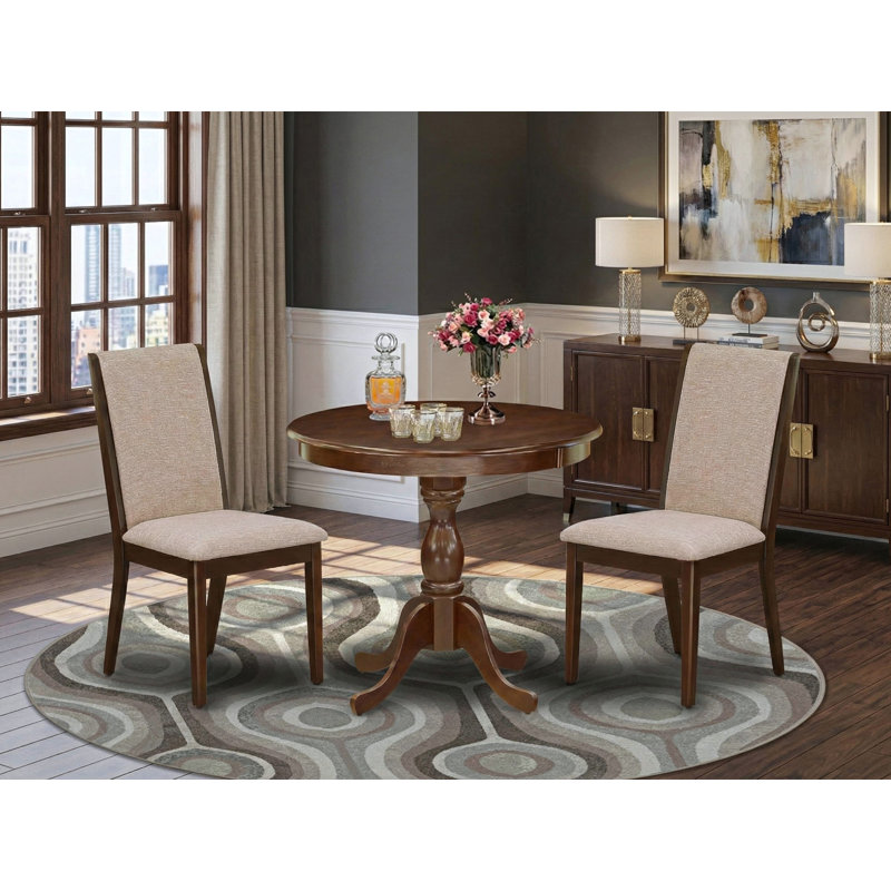 3 Piece Wooden Dining Table Set Contains 1 Round Pedestal Dining Table and 2 Light Tan Linen Fabric Dinning Room Chairs with High Back - Mahogany Finish