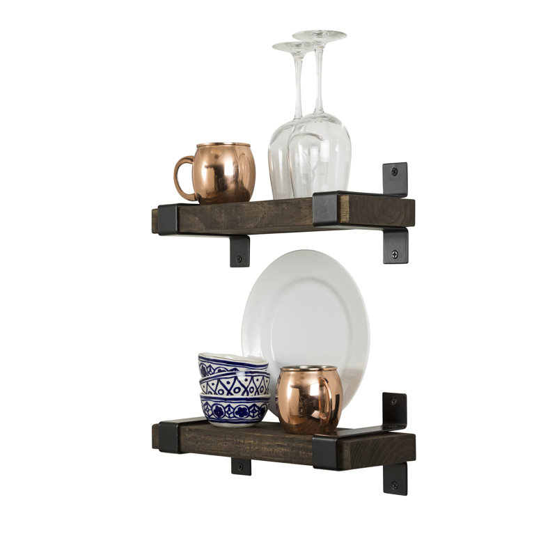 Abasi 2 Piece Pine Solid Wood Bracket Wall Shelf, Dark Walnut, 5.63" H x 20" W x 6" D, Black