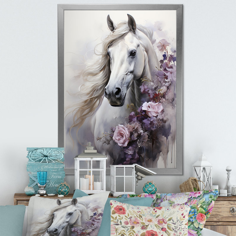 Majestic Flower Beauty Horse, H 32 po x l 24 po x P 1 po, Cadre photo argenté